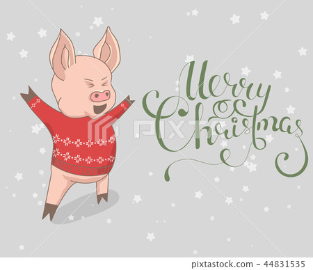 Vector illustration, Happy New Year 2019 funny card design with cartoon pig Vector illustration, Happy New Year 2019 funny card design with cartoon pig 44831535