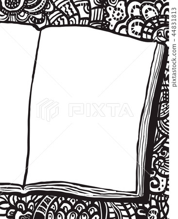 Coloring page with notebook and doodle background. - Stock Illustration