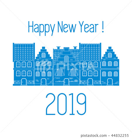Happy New Year 2019 card Vector houses. Happy New Year 2019 card Vector houses. 44832255