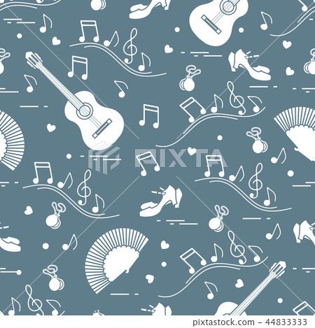 Pattern with fan, shoes, castanets, notes, guitars Pattern with fan, shoes, castanets, notes, guitars 44833333