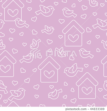 Seamless pattern with birds, birdhouses and hearts Seamless pattern with birds, birdhouses and hearts 44833389