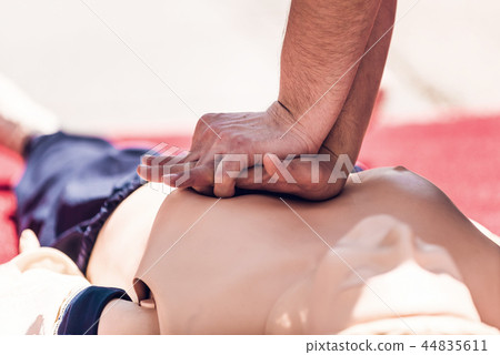 First Aid Training. Defibrillator CPR Practice 44835611