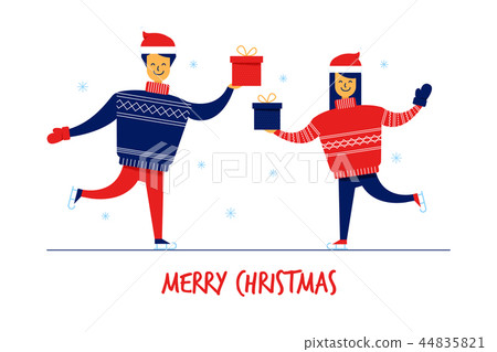Flat cartoon family characters in sweaters with gift boxes,Merry Christmas New Year greeting card Flat cartoon family characters in sweaters with gift boxes,Merry Christmas New Year greeting card 44835821