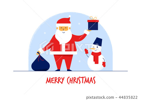Modern flat cartoon characters Santa Claus with gift bag,Snowman,Merry Christmas New Year greeting Modern flat cartoon characters Santa Claus with gift bag,Snowman,Merry Christmas New Year greeting 44835822