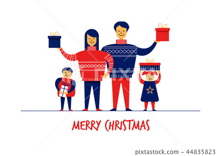 Flat cartoon boy girl family characters Merry Christmas New Year greeting card banner concept.Happy Flat cartoon boy girl family characters Merry Christmas New Year greeting card banner concept.Happy 44835823