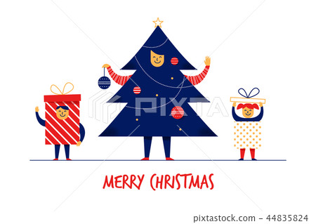 Flat cartoon boy girl family characters Merry Christmas New Year greeting card banner concept.Happy 44835824