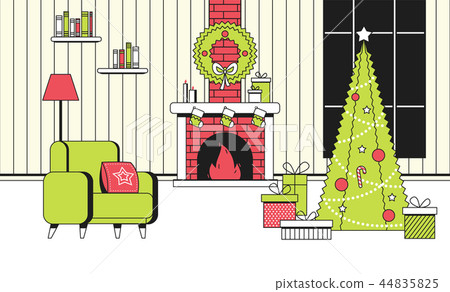 Soft color New Year Christmas flat cartoon interior concept vector style.Indoor view with burning 44835825