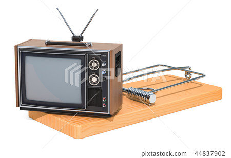 TV set inside mousetrap. TV dependence concept 44837902