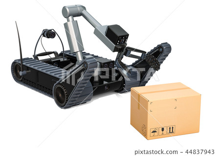 Bomb disposal robot with dangerous cardboard box 44837943