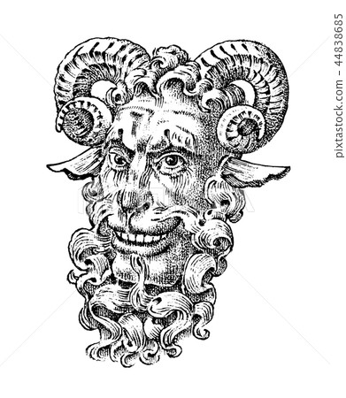 Faun or Satyr in ancient mythology. Fantasy Greek creature. Forest deity. Vintage engraving style Faun or Satyr in ancient mythology. Fantasy Greek creature. Forest deity. Vintage engraving style 44838685
