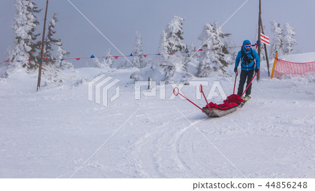 Ski rescue team with slide stretcher, brings help Ski rescue team with slide stretcher, brings help 44856248