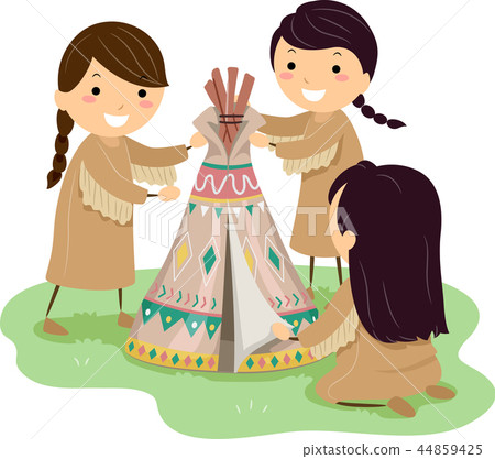 Stickman Kids Girls Make Mini Tipi Illustration Stickman Kids Girls Make Mini Tipi Illustration 44859425