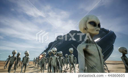 Aliens are evacuated from a fallen and burning spaceship. 3D Rendering 44860605