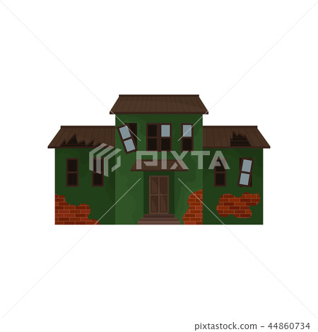 Abandoned brick home with green peeling paint, broken windows and roof. Old house. Facade of cottage Abandoned brick home with green peeling paint, broken windows and roof. Old house. Facade of cottage 44860734