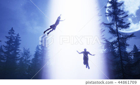 UFO flies over the forest and captured people in the light beam.. 3D Rendering UFO flies over the forest and captured people in the light beam.. 3D Rendering 44861709
