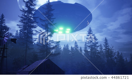 UFO flies over the forest and scans the house. 3D Rendering UFO flies over the forest and scans the house. 3D Rendering 44861721