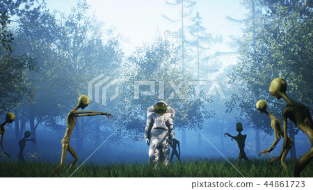 Astronaut's first contact with aliens. Super realistic concept. 3D Rendering 44861723
