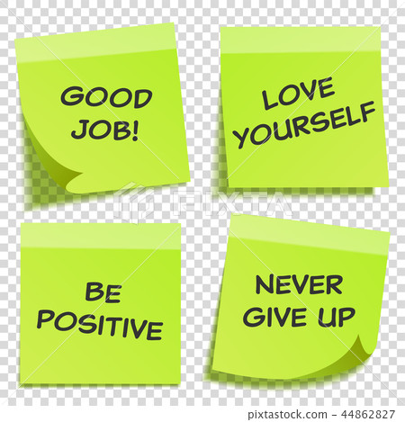 Sticky note with text and shadow isolated on transparent background set. Green paper. Message on 44862827