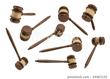 3d rendering of several traditional wooden judge gavels with golden middle hanging in different 3d rendering of several traditional wooden judge gavels with golden middle hanging in different 44863142