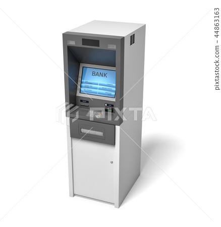 3d rendering of an isolated bank ATM machine with a lit blue screen on white background. 3d rendering of an isolated bank ATM machine with a lit blue screen on white background. 44863163