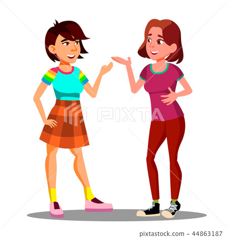 Two Young Girls Actively Discuss With Gestures Vector. Isolated Illustration 44863187