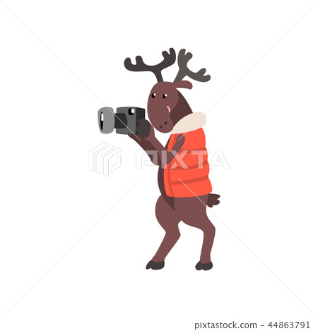 Deer in warm vest taking pictures with a camera, funny animal cartoon character traveling on Deer in warm vest taking pictures with a camera, funny animal cartoon character traveling on 44863791