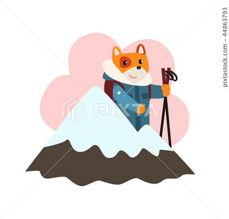 Cute dog animal cartoon character skiing in ski resort, snow mountain landscape vector Illustration 44863793
