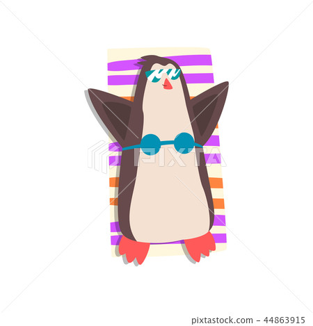 Penguin with sunglasses and bikini sunbathing on the beach, cute bird cartoon character relaxing on 44863915