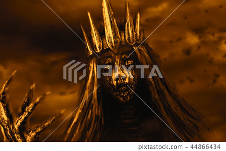 Dark queen with crown pulls bony hand. Orange Dark queen with crown pulls bony hand. Orange 44866434