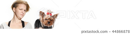 Woman with her dog on leash over white background 44866878