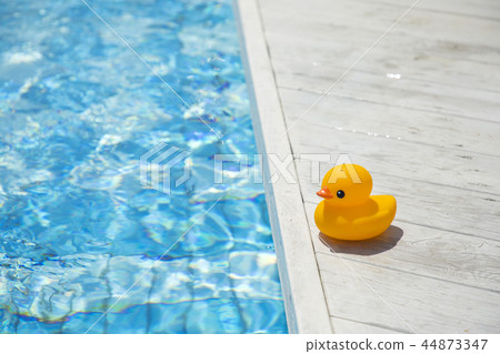 Summer holiday concept photo. vacation items and beach accessories in swimming pool or yellow background. 182 44873347