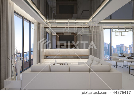 Sofa set is placed in living room with cityscape Sofa set is placed in living room with cityscape 44876417
