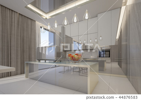 Glossy kitchen cabinets in modern kitchen room Glossy kitchen cabinets in modern kitchen room 44876583