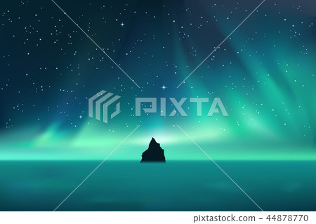 Dark rock against northern lights landscape with stars Dark rock against northern lights landscape with stars 44878770