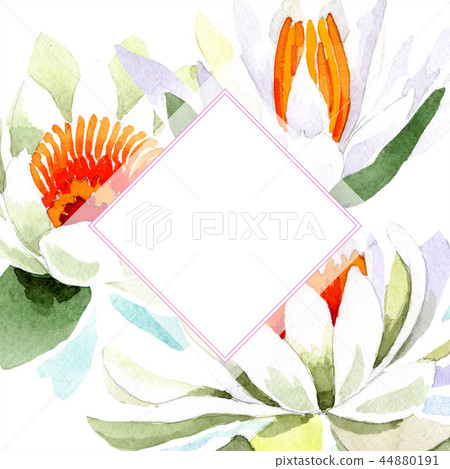Watercolor white lotus flower. Floral botanical flower. Frame border ornament square. Watercolor white lotus flower. Floral botanical flower. Frame border ornament square. 44880191