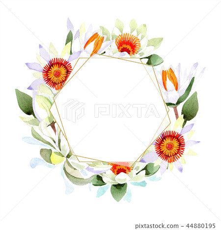 Watercolor white lotus flower. Floral botanical flower. Frame border ornament square. Watercolor white lotus flower. Floral botanical flower. Frame border ornament square. 44880195