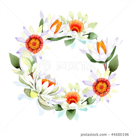 Watercolor white lotus flower. Floral botanical flower. Frame border ornament square. 44880196