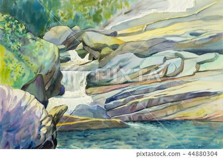 Watercolor landscape painting of waterfall. Watercolor landscape painting of waterfall. 44880304