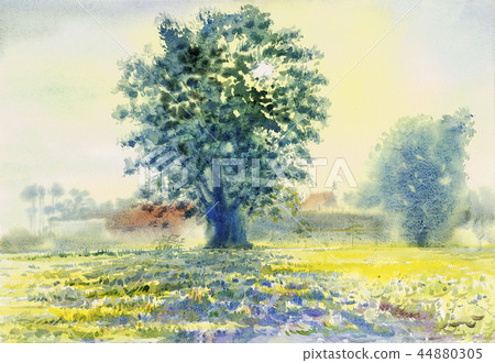 Watercolor landscape painting of meadow and sun.  Watercolor landscape painting of meadow and sun.  44880305
