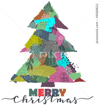Vector greeting card with Christmas tree in patchwork collage style Vector greeting card with Christmas tree in patchwork collage style 44880622