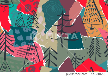 Vector Christmas seamless pattern with colorful abstract collage texture and holiday elements Vector Christmas seamless pattern with colorful abstract collage texture and holiday elements 44880655
