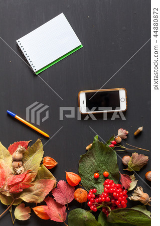 autumn yellow leaves smartphone notebook on black background autumn yellow leaves smartphone notebook on black background 44880872