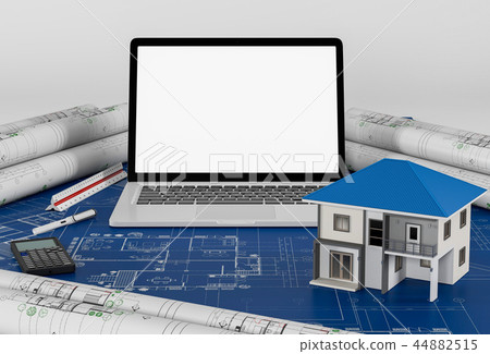 Construction plans with laptop and House 44882515