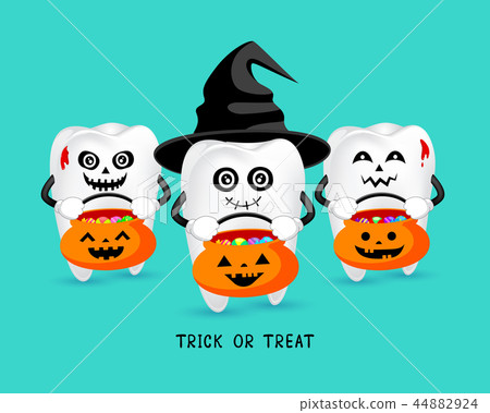 Cartoon spooky tooth with black hat.  44882924