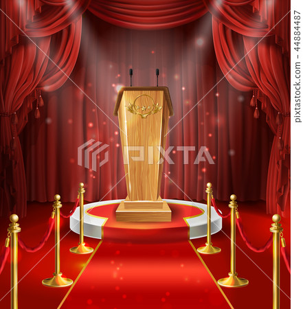 wooden tribune, microphones, podium, red curtains wooden tribune, microphones, podium, red curtains 44884487