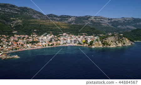 Aerial view of a beautiful city of Petrovac. Beautiful Adriatic sea landscape. 44884567