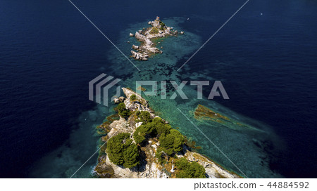 Aerial view of a beautiful island with church in the Adriatic Sea Aerial view of a beautiful island with church in the Adriatic Sea 44884592
