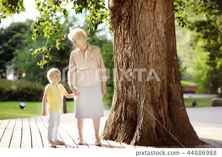 Beautiful granny and her little grandchild together walking Beautiful granny and her little grandchild together walking 44886988
