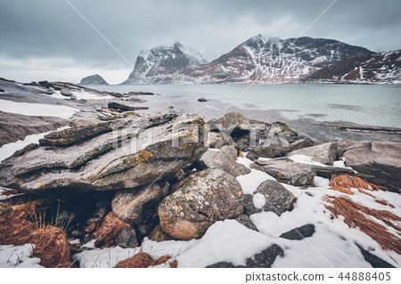 Rocky coast of fjord in Norway 44888405