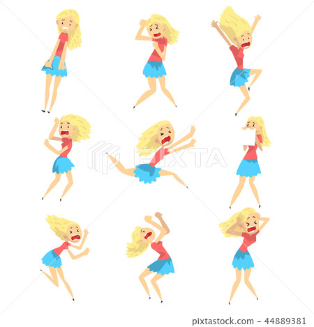 Scared and panicked blonde girl set, emotional young woman afraid of something vector Illustration 44889381